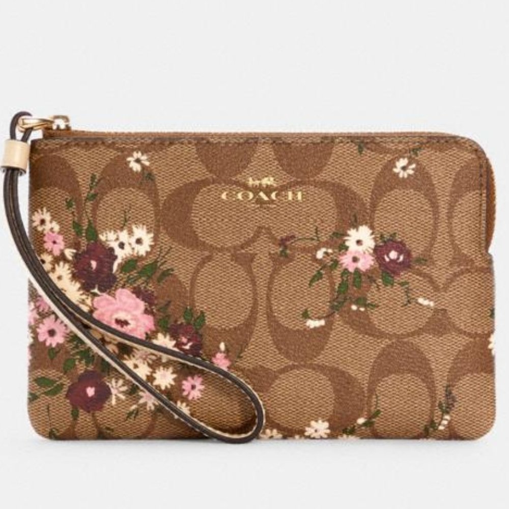 Coach Corner Zip Wristlet signs canvas Evergreen Floral